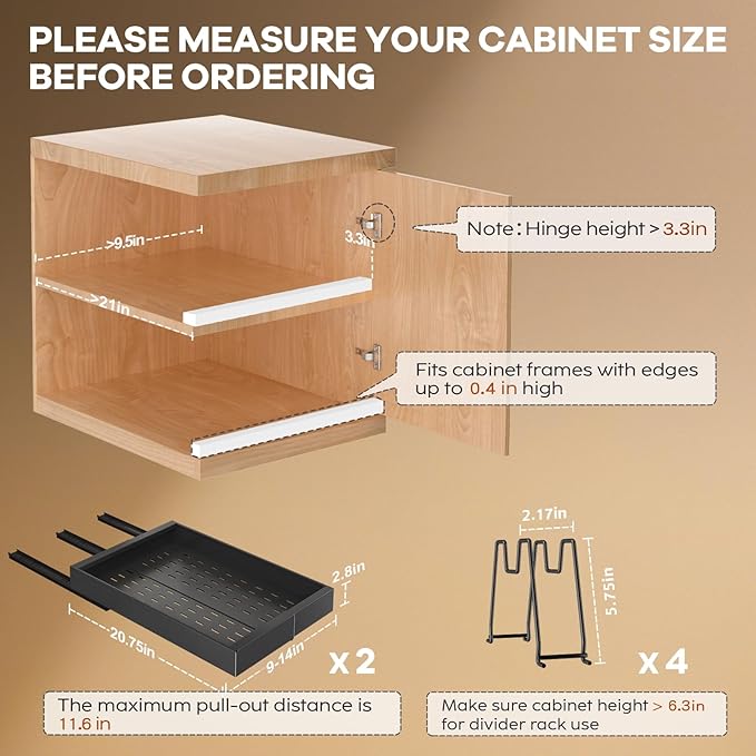 2 Pack Pull out Cabinet Organizer 21" Deep With Raising Pad for Framed Cabinets, Expandable Slide out Drawers for Kitchen Cabinets with 4pcs Divider Racks, Roll out Shelves 9"-14" W Black