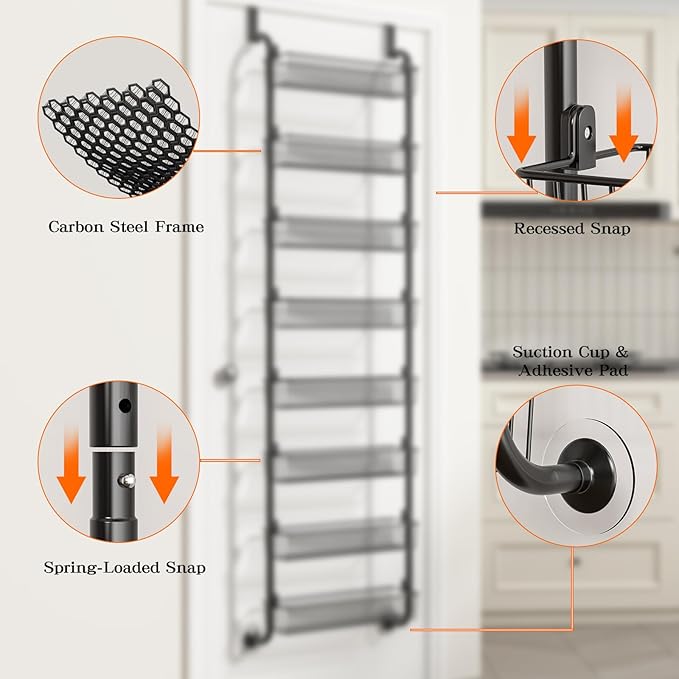 Over the Door Pantry Organizers and Storage, 8-Tier Spice Rack, Home & Kitchen Storage Shelves for Cabinet, Large Capacity Hanging Seasoning Organizer, Laundry Room Organization, Black
