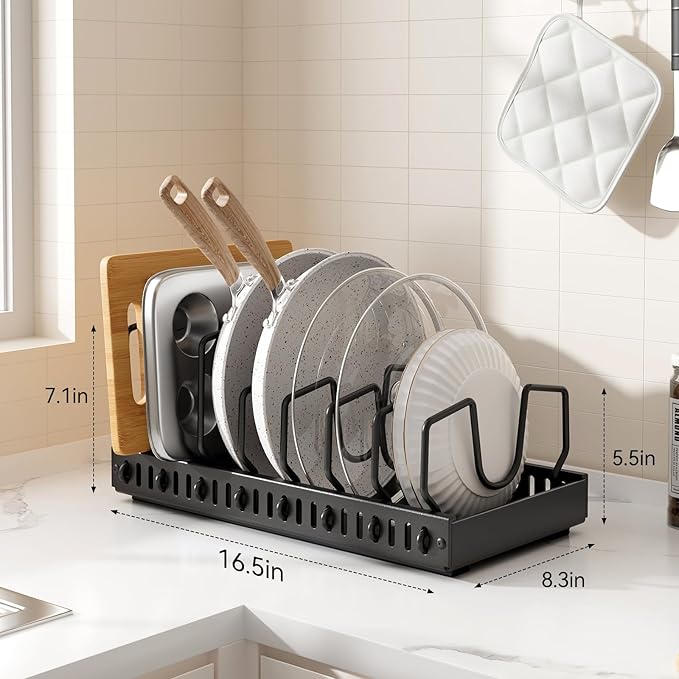 SUNZOS Pots and Pans Organizer for Under Cabinet, Pull Out Pot Lid Organizer for Kitchen, Pan Holder Inside Cabinet and Storage with 8 Adjustable Dividers