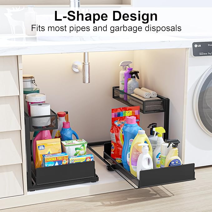 2 Pack Under Sink Organizer and Storage, 2 Tier Pull Out Cabinet Organizer, Slide Out Under Sink Storage Shelf, Undersink Organizers Shelves for Kitchen Bathroom Pantry Organization (Black)