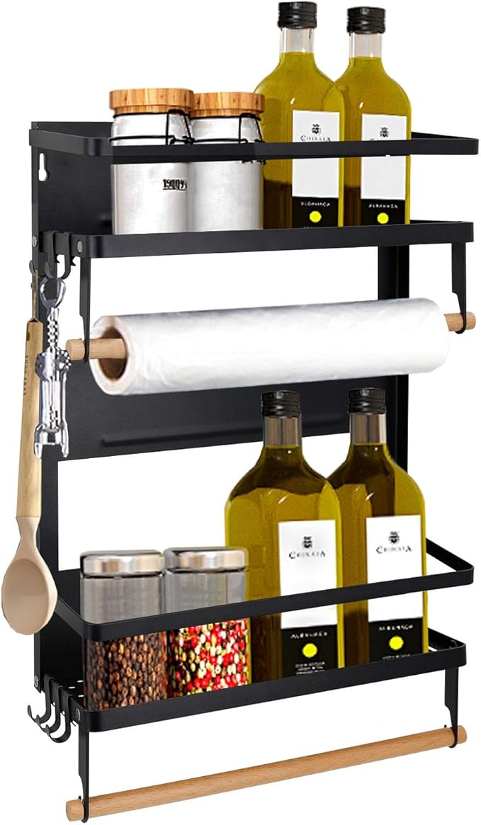 Jolitac Magnetic Fridge Spice Rack- Space Saving Organizer Black Shelf on Refrigerator, Kitchen Paper Towel Holder, Foldable Design (Black-Large)