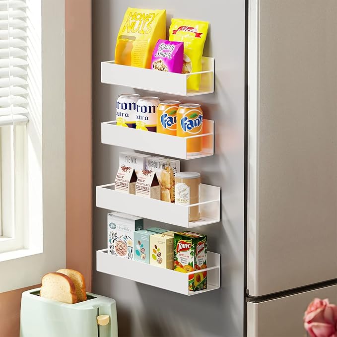 4 Pack Moveable Fridge Magnetic Spice Racks,Metal White