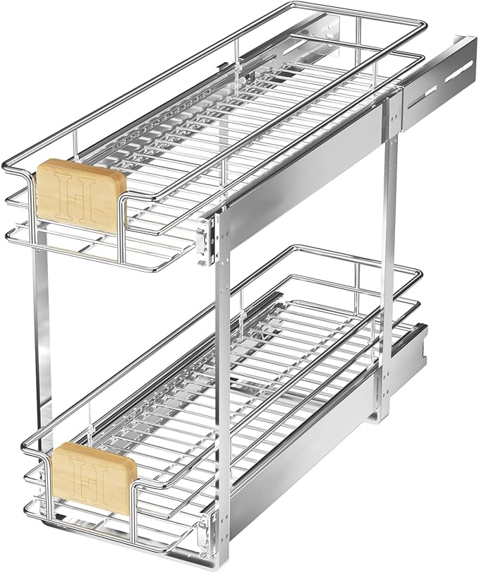 LOVMOR 2 Tier Pull Out Cabinet Organizer 7½" W x 21½" D, Slide Out Drawers with Wooden Handle, Sliding Shelves Organization and Storage for Kitchen, Pantry