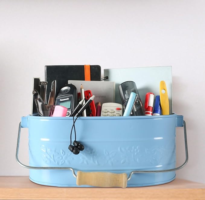 Light & Pro Farmhouse Rustic Utensil Caddy Carry All Serveware Galvanized Metal Organizer - Wooden Handle Storage Bin Caddy For Flatware, Condiments, Party Curtlery - Flower Design - Sky Blue