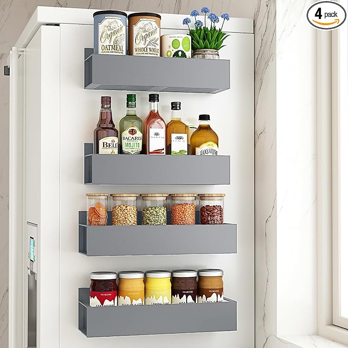4 Pack Moveable Fridge Magnetic Spice Racks Metal Magnetic shelf for refrigerator Kitchen Spice Hang Storage Shelf (Silver)