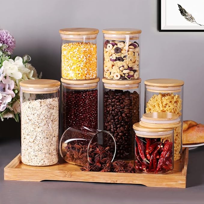 Glass Jars with Airtight Wooden Lids, 8 Pack Flour and Sugar Containers, Glass Canister Set for Coffee Container, Loose Leaf Tea Storage, Cookie Jar (15OZ&27OZ)