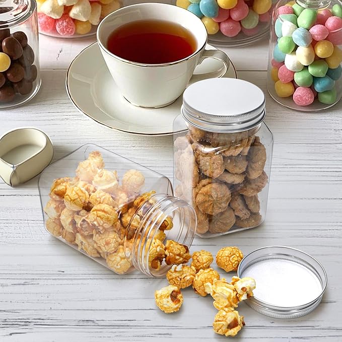 Bekith 12oz Clear Plastic Jars with Lids, Set of 16 Airtight Container for Food Storage, Refillable Square Empty Plastic Jars for Dry Food, Peanut Butter, Honey and Jam Storage