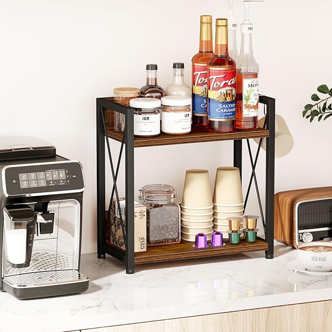 Snughome Countertop Shelf Organizer, Kitchen Counter Shelf with Hooks, 2 Tier Spice Rack for Kitchen Countertop,Coffee Station,(Rustic Brown, Large)
