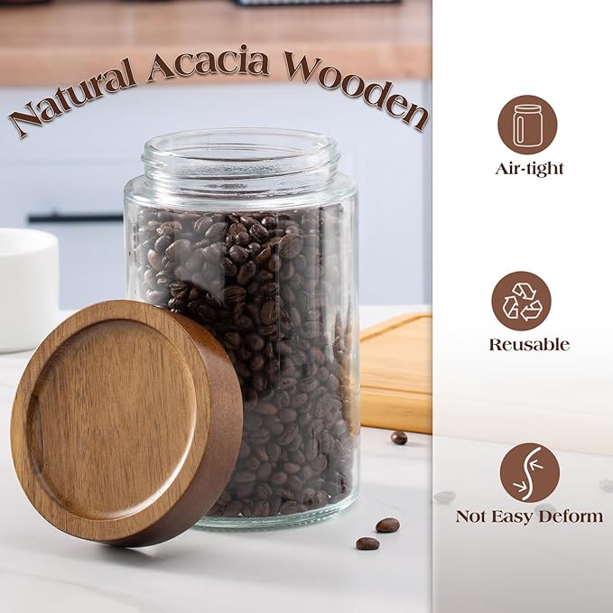 Angadona Glass Jar With Airtight Wood Lid, 33oz Wide Mouth Glass Canister pantry storage containers Kitchen Jar for Coffee,Sugar,Cookie,Nuts,spaghetti,Flour and Candy (2 pack)
