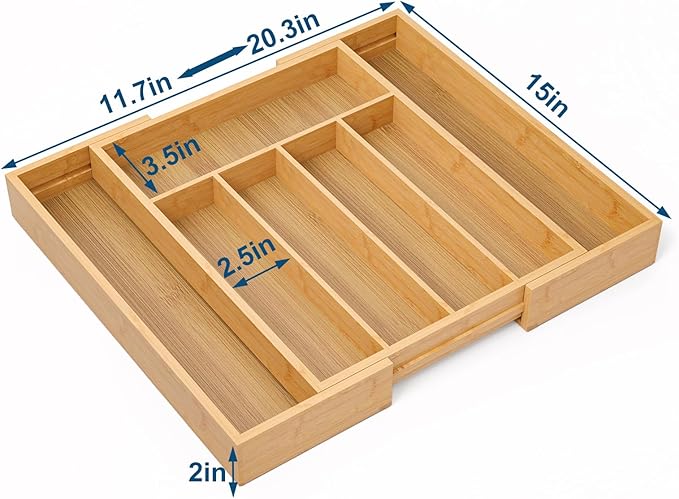 Expandable Kitchen Drawer Organizer,Bamboo Silverware Organizer for Utensils,Adjustable Flatware Tray(14.96 * 11.69~19.68 * 1.96)