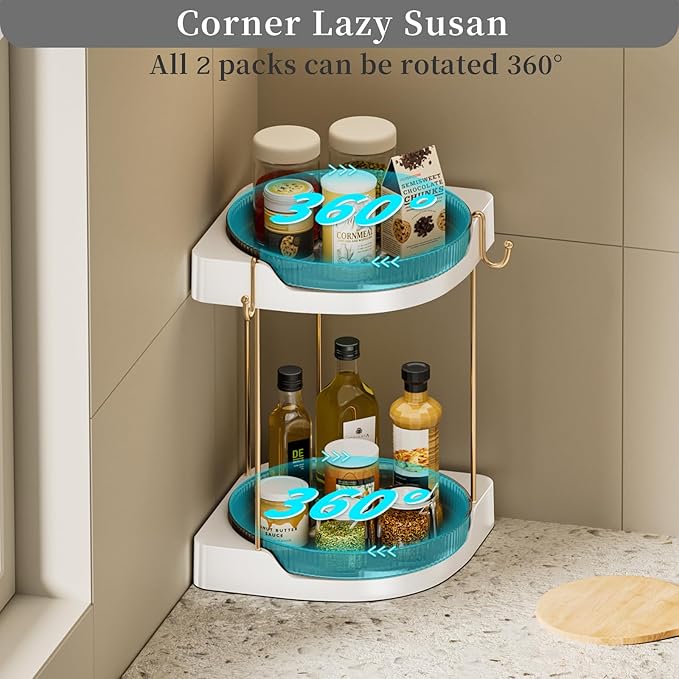 2 Pack Lazy Susan Turntable - Corner Spice Organizer for Cabinet - 9 Inch Rotating Condiment Rack Storage for Refrigerator, Pantry, Kitchen, Vanity, Bathroom Countertop (2 Tier-Gray)