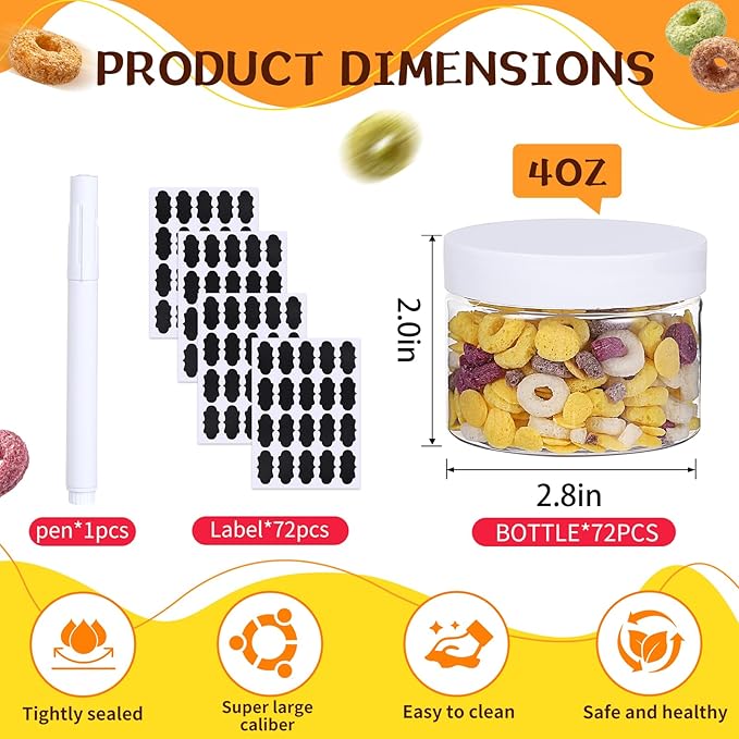 72pcs 4 oz Plastic Containers with Lids Pen Labels Leak Proof BPA Free Airtight Refillable Clear Small Containers Storage Jars for Storing Dry Food Makeup Slime Honey Jam,white