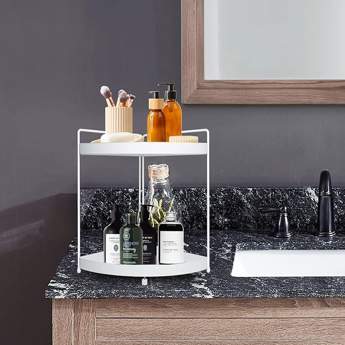 2 Tier Corner Shelf Rack Kitchen Counter Cabinet Bathroom Organizer Makeup Cosmetic countertop Organization and Storage Under Sink Organizers Perfume Trays for Dresser White