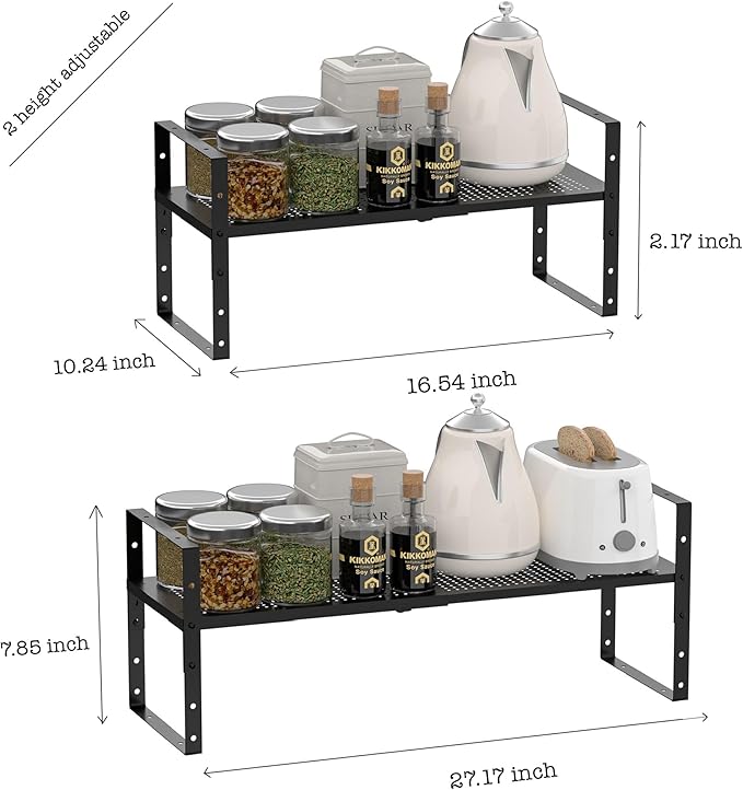 Cabinet organizer shelf,Expandable Adjustable Stackable Kitchen Organizer,Metal shelf risers for cabinets, kitchens and desks(1Pack/Black/Large)