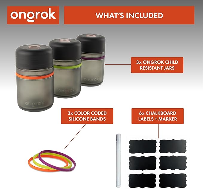 ONGROK Glass Storage Jar, 180ml, 3 Pack, UV Herb/Spice Jar with Child Resistant Lid, Color-Coded Glass Containers Air Proof to Preserve Smell and Aroma, Perfect Size to Store in a Drawer or Cupboard