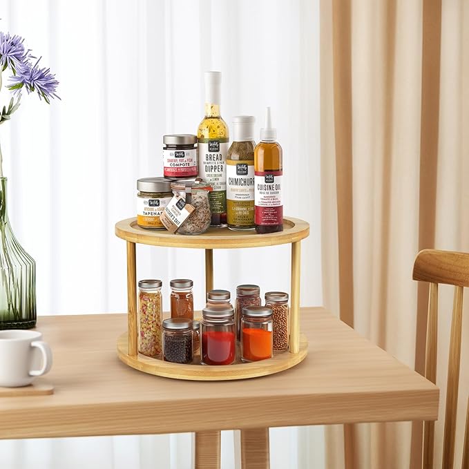 HomeMall Bamboo Lazy Susan Turntable Organizer, 2 Tier Lazy Susan Spice Rack Kitchen Turntable for Kitchen Countertop Cabinet Pantry Home Organization, 10''