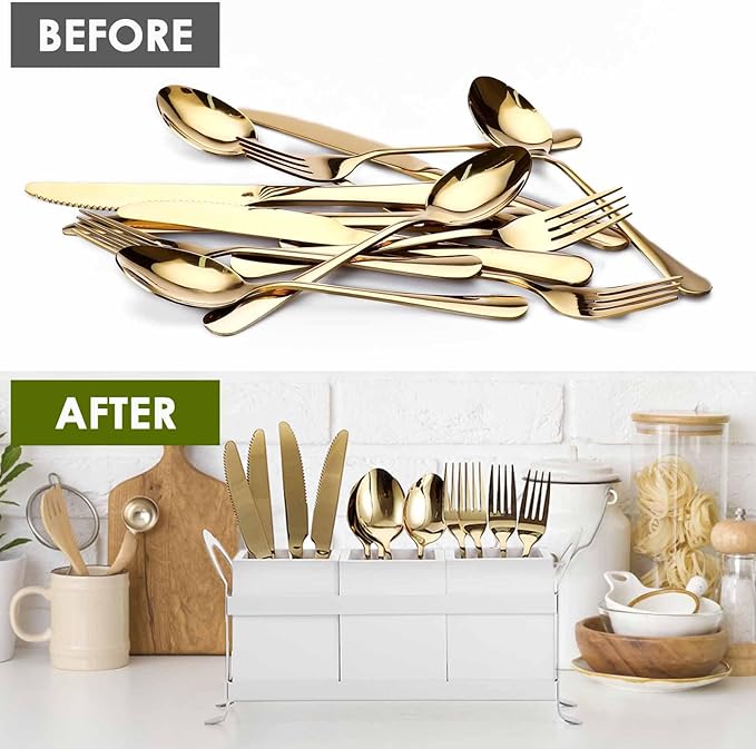 Wooden Utensil Caddy, Wood Silverware Holder with 3 Compartment, Farmhouse Kitchen Flatware Organizer with Metal Portable Handle, Utensil Cutlery Organizer for Forks Spoons Knives, White