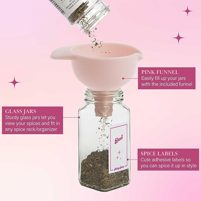 Paris Hilton Glass Spice Jar Storage Set, 4-Ounce Empty Spice Jars with Labels, Shaker Caps and Metal Lids, Collapsible Funnel Included, 20-Piece, Pink (Pack of 2)