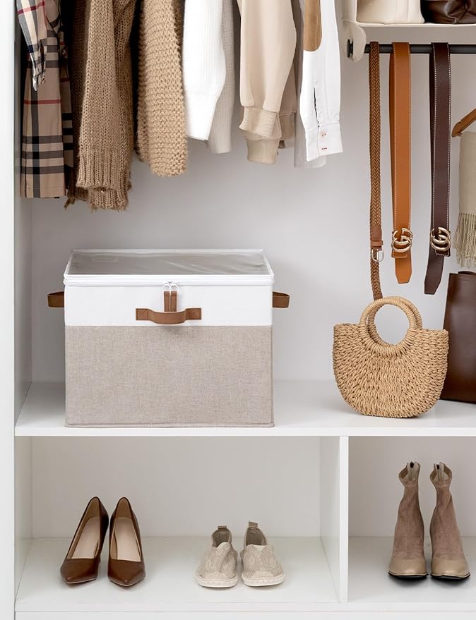 StorageWorks Shoe Organizer for Closet, Fits up to 16 Pairs, Shoe Cubby Storage Containers with Adjustable Dividers and Clear Cover, Brown & White
