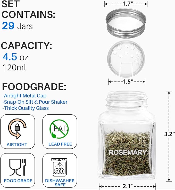 MIUKAA Unique Design Spice Jars with 372 Labels, 29-Pack 4.5 oz Personalized Cubic Clear Glass Spice Jars with Shakers, Lids, Empty Square Reusable Kitchen Storage Containers