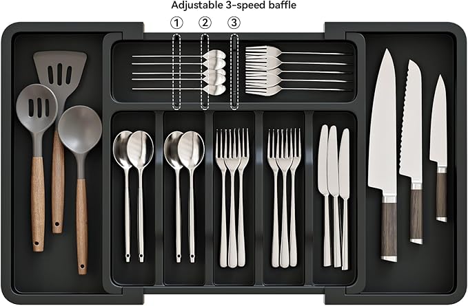 Silverware Organizer, Expandable and Adjustable Kitchen Utensil Drawer Organizer, Plastic Cutlery Holder with Multiple Compartments, Cutlery Holder,for Spoons Forks Knives, Black, UAFD011B