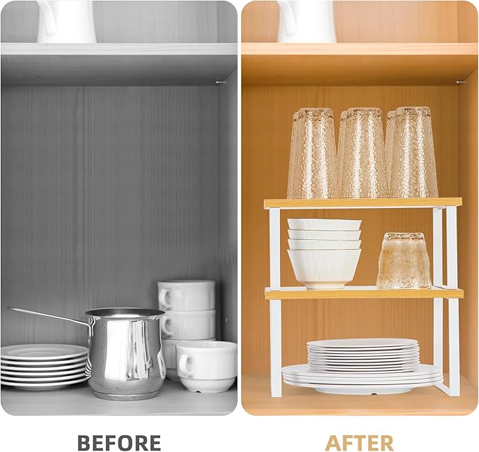 Cabinet Organizer - Set of 6 Stackable, Expandable Metal & Wood Shelves for Kitchen Counter, Spice, Mug & Plate Storage