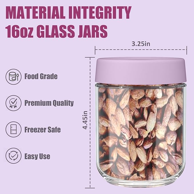 16 oz Overnight Oats Containers with Lids, Wide Mouth Glass Mason Jars with Airtight Lids for Meal Prep, Yogurt, Pudding & Snacks– Leak-Proof, Reusable Glass Food Storage, Set of 4