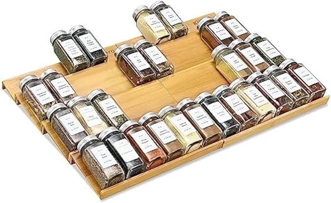 Spice Drawer Organzier,4 Tiers- 8Pcs Bamboo Spice Rack Tray Insert for Cabinet Drawer Countertop, Kitchen Seasoning Storage Drawer Organization,22" Wide x 15.8" Deep (Hold UP to 48 Jars