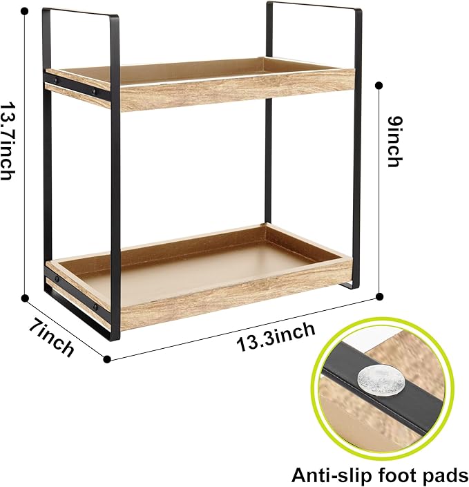 BEKU 2 Tier Bathroom Counter Organizer - Kitchen Sink Countertop Shelf - Makeup Vanity Tiered Tray - (Wood)