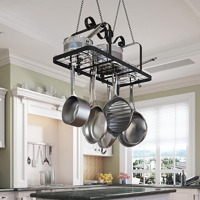 33” Black Pot Rack Hanging, Heavy Duty Metal Ceiling Pot Rack with 15 Hooks, Pot and Pan Hanging Rack Organizer for Kitchen Cookware Utensils