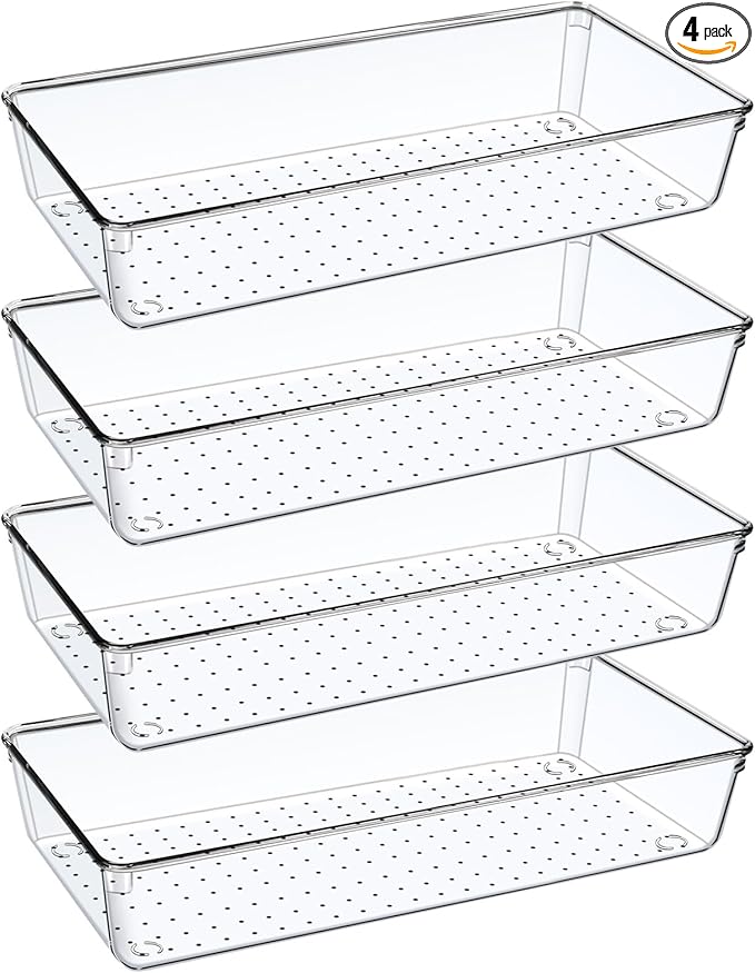 4PCS Clear Plastic Drawer Organizer Tray, 12'' Large Acrylic Vanity Bathroom Drawer Organizers Trays, Desk Drawer Organizer Bins for Cosmetics, Makeup, Kitchen, Office, Junk Drawer Organization
