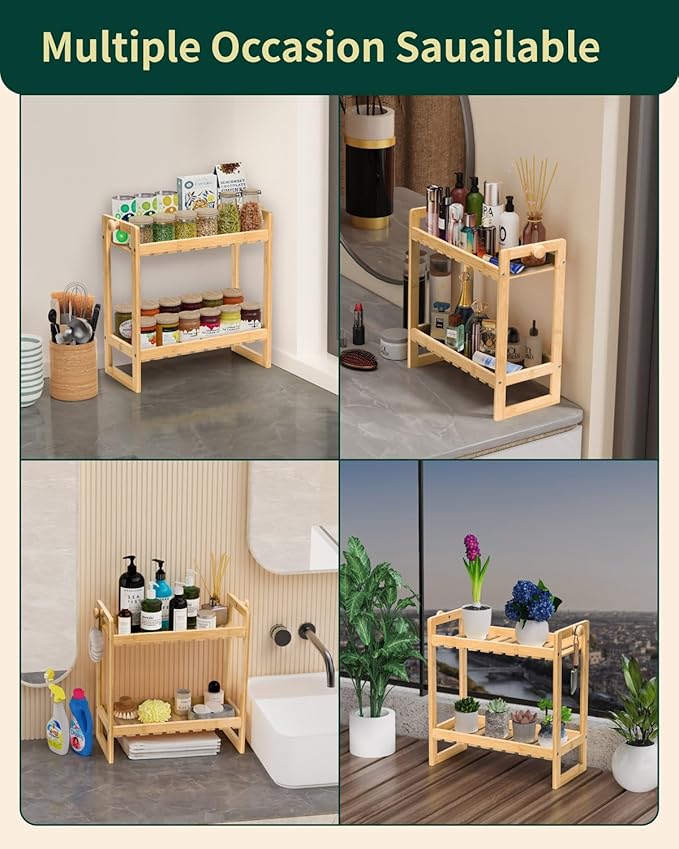 Bamboo Multi-Purpose Organizer, 2 Tier Kitchen Counter Shelf, Natural Brown, 2.56 x 14.37 x 7.08 inches