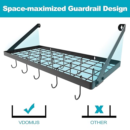 Vdomus Hanging Pots and Pans Organizer - Wall Mounted Pot Rack with 15 Hooks, 29.3 x 13 Inch Heavy-Duty Cookware Organizer for Kitchen Storage - Ideal Pot and Pan Holder with Square Grid Design, Black