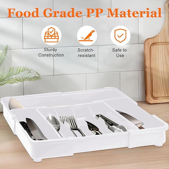 Adjustable Kitchen Utensil Organizer Plastic Silverware Drawer Organizer, Expandable Cutlery Drawer Organizer BPA Free Flatware Tray for Spoons Forks Knives Organizers Divider, White