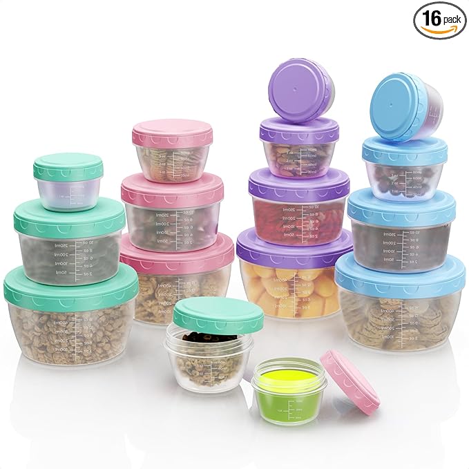 16-Pack Food Storage Containers with Lids - BPA-Free Salad Dressing Container to Go, Reusable Small Leakproof Plastic Containers for Meal Prep, Freezer, Microwave & Dishwasher Safe (16)