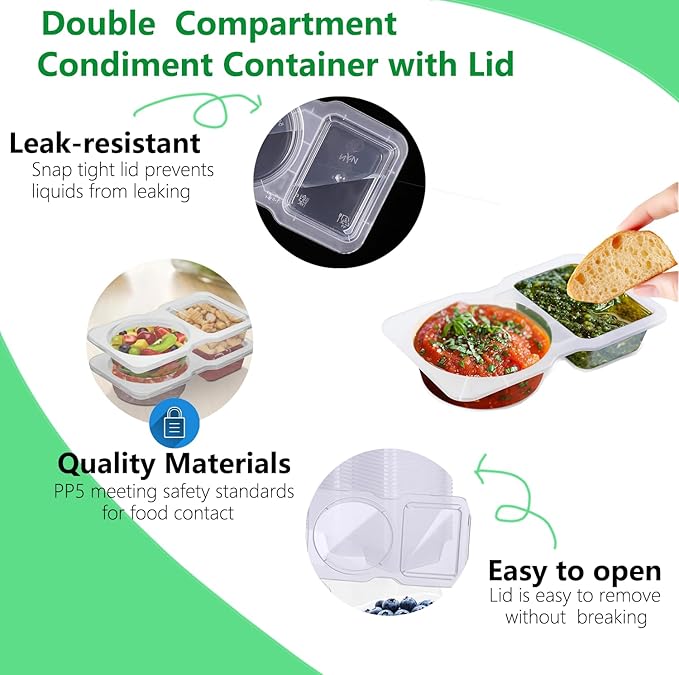 10 Sets Double Compartment Condiment Container for Dip, Sauce, Sampling and Travel Snacks (Includes 5 Pairs Disposable Gloves)