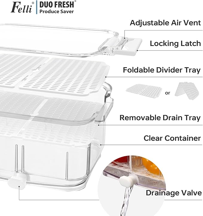 Felli Duo Fresh Produce Saver, ALL IN ONE Veggie Fruit Basket for Fridge with Vent & Drain, Colander Strainer Tray, Kitchen Refrigerator Washing Bin for Berry Vegetable Storage Container, Gifts
