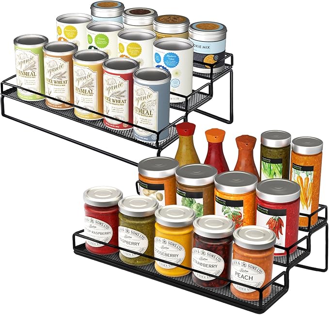 Spice Rack Organizer for Cabinet, 3 Tier Widen Seasoning Organizer, Expandable Shelf,Step Storage Holder, Kitchen Cabinet Countertop,with Protection Railing, Metal (Black,3 Tier)
