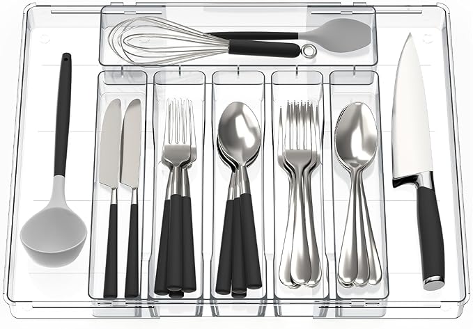 Kitsure Silverware Organizer - 8 Slots Expandable Drawer Organizer for Utensils & Cutlery, Multipurpose Kitchen Organizers and Storage Solution, Clear, 21.3" x 14.5" x 1.8"