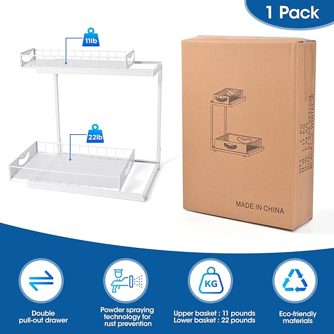 Under Kitchen Sink Organizers and Storage,2 Tier Sliding Cabinet Basket Organizer Drawer,Storage Shelves,Multi-Purpose Cabinet Organizers for Kitchen Bathroom.14.17X10.66 X 15.27In(White,1Pack)