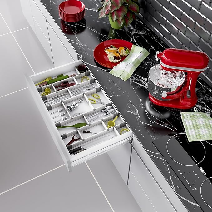 Practical Comfort Aluminum Drawer Organizer for Kitchen Utensils Silverware Flatware 18 Dividers Set | SHORT