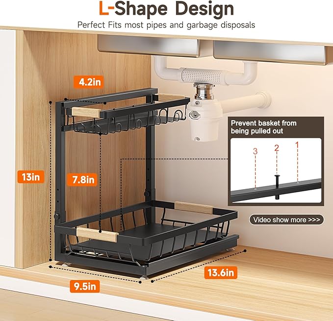 2 Packs Under Sink Organizer, High Adjustable 2 Tier Under Kitchen sink organizer, Multi-Purpose Storage Shelf for Kitchen Bathroom Cabinet, Black