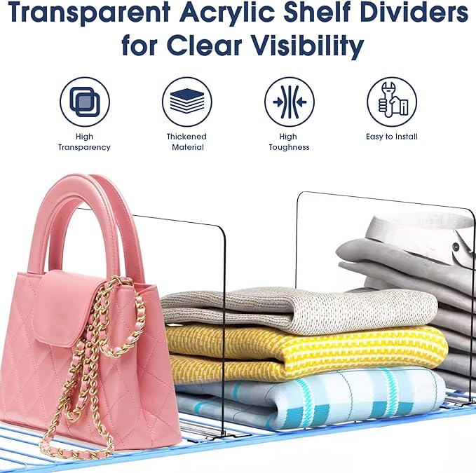 SSAWcasa Acrylic Shelf Dividers for Wire Shelves, 12 Pack Shelf Dividers for Closet Organization, Clear Wire Shelving Organizer Separator Sweater Storage Rack in Cabinet Kitchen Bedroom Office Pantry