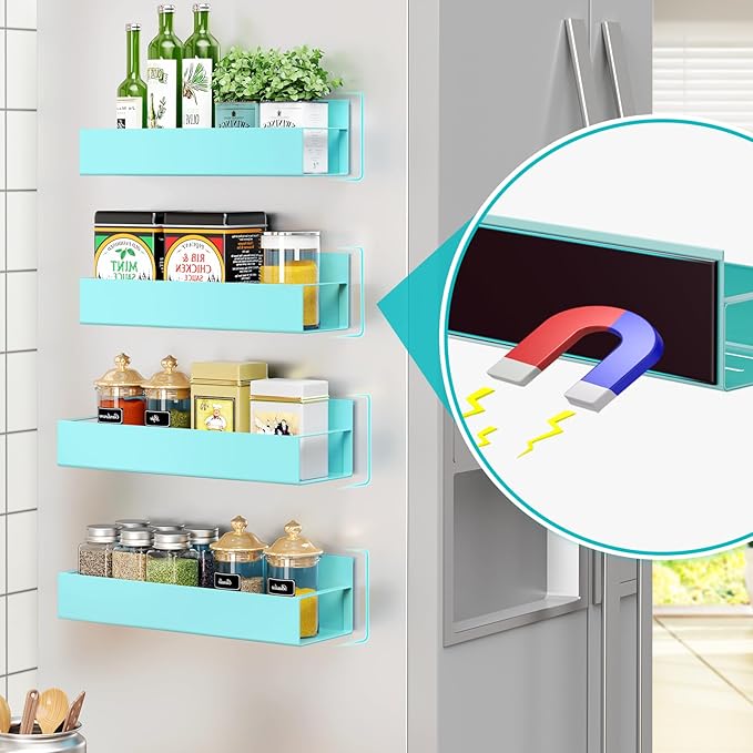 4 Pack Moveable Fridge Magnetic Spice Racks,Metal Blue
