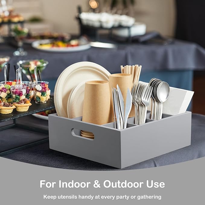 Gray Wood Utensil Holder for Party - Paper Plate Organizer for Countertop - Silverware Caddy with 6 Compartments for Plate Cup Fork Spoon - Cutlery Holder for Kitchen Camping Buffet