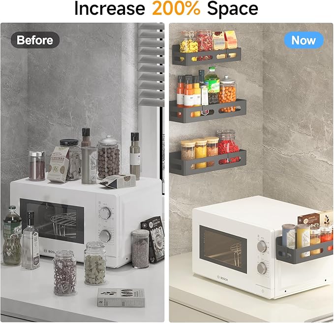 2 Pack Magnetic Spice Rack for Refrigerator, Spice Rack Organizer, Moveable Magnetic Shelf Fridge Organizer with 4 Hooks for Kitchen and Oven Organization, Black