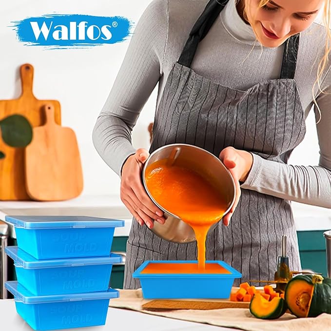 Walfos 2cup Silicone Freezing Tray with Lid - Easy Meal Prep Container and Kitchen Storage Solution, Make Perfect Freezing,Storing Soups, Foods, Stews, Dips or Sauces Simple and Convenient-4-PACK BLUE