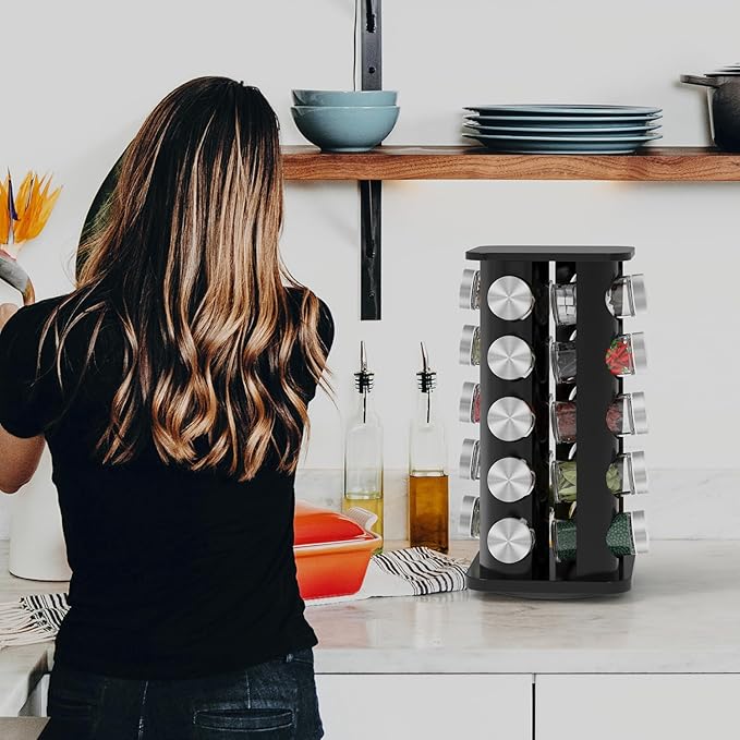 Rotating Spice Rack Organizer, Spice Tower for Countertop, Revolving Spice Rack Set for Cabinet, Black Steel Kitchen Seasoning Organizer with 20 Jars and Funnel Square-round