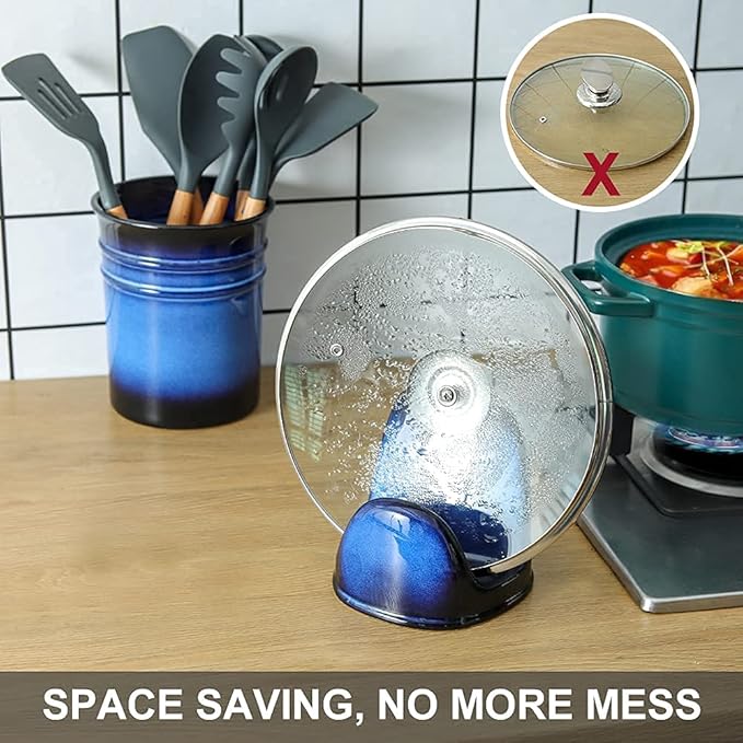 Nihow Pot Lid Holder: Stable Ceramic Pan Lid Holder for Kitchen Counter Decor/Countertop/Stove Top- Heat Resistant & Dishwasher Safe - Elegant Black & Blue (1PC)