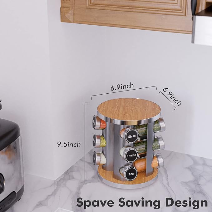 New England Stories Revolving Spice Rack Set with 12 Spice Jars, Kitchen Spice Tower Organizer for Countertop or Cabinet - Carousel Storage Includes 386 Spice Labels